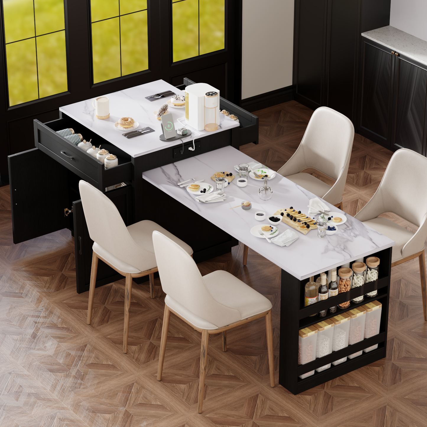 K&K 82.7 inch Kitchen Island with Extendable Dining Table for 4-6 Person,Faux Mable Kitchen Table with Double-sized Storage,Power Outlet,Kitchen island with Storage 2 Drawers 2 Side Open Shelves,Black image 1