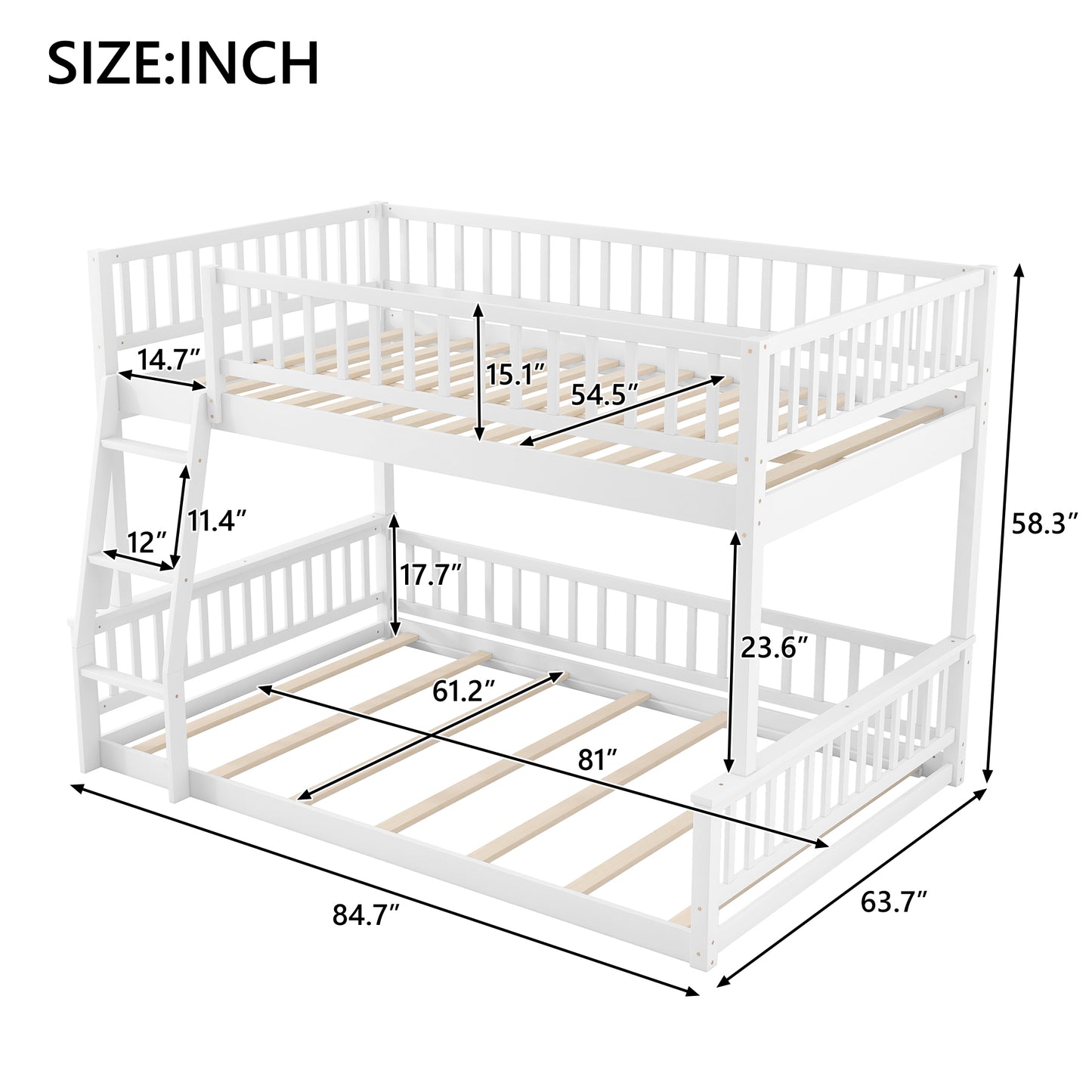 Full XL over Queen Bunk Bed with Ladder and Guardrails, White image 10