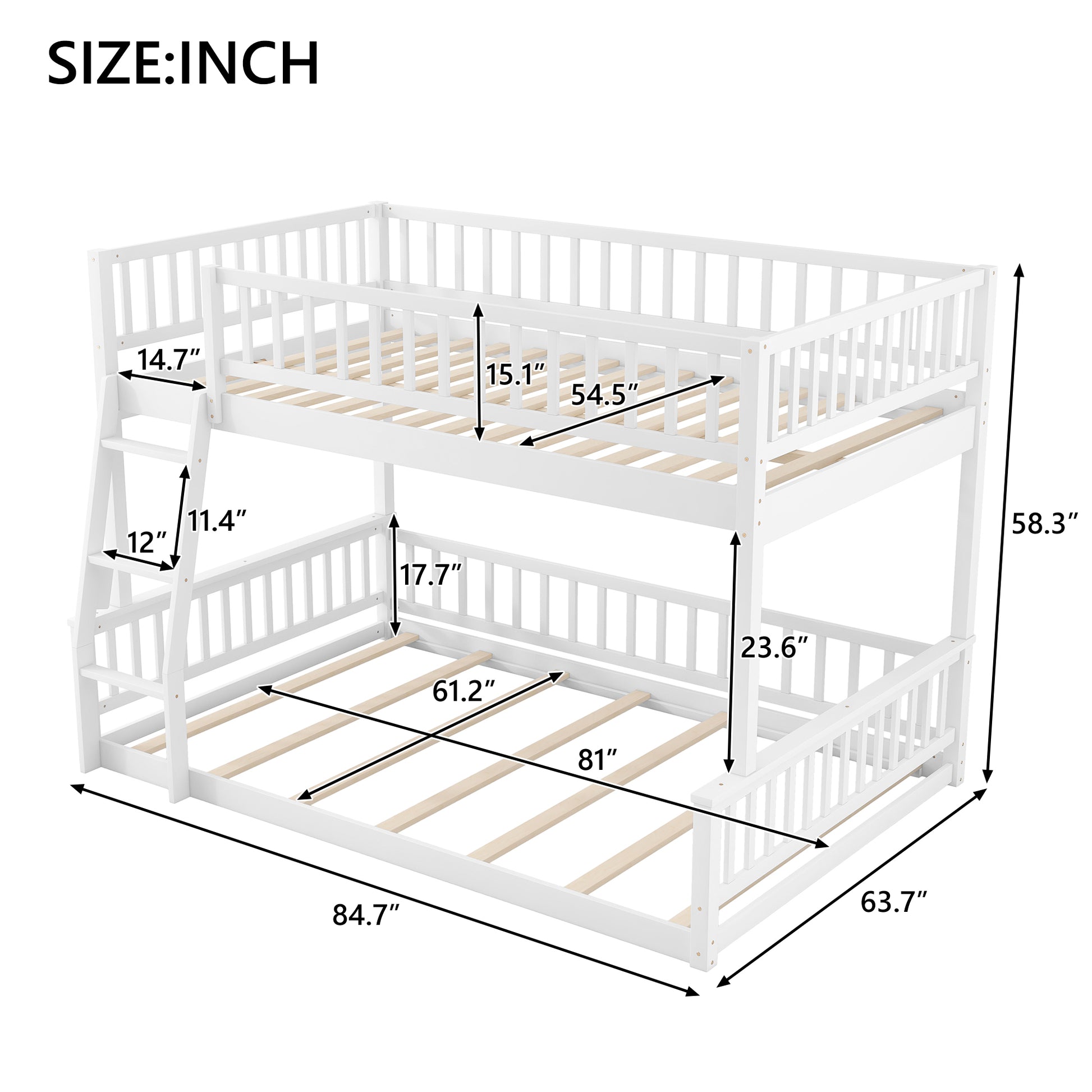 Full XL over Queen Bunk Bed with Ladder and Guardrails, White image 10
