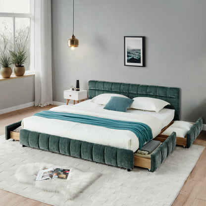 California King size Upholstered Bed,comfortable upholstered bed frame, Chenille fabric, with headboard and solid bed frame. With drawer for storage.-Blue Green(90.5''*80.5''*31'') image 1