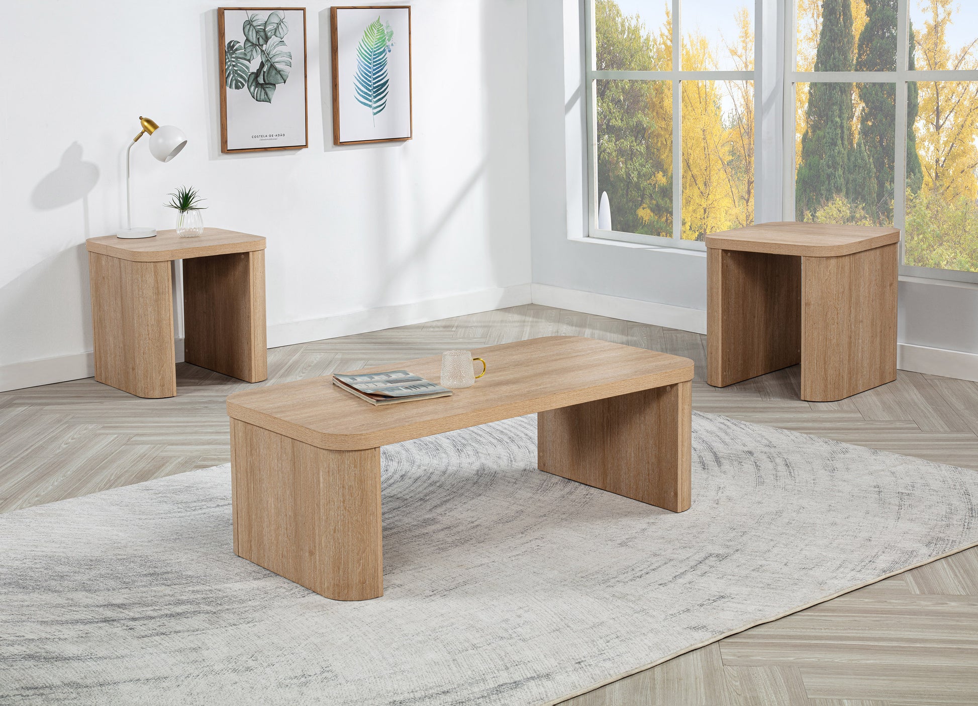 3pc Beautifully Crafted Three-piece Set Natural Charm Warm Wood-inspired Finish Curved Edges Coffee Table Features Hidden Casters Wooden Living Room Furniture image 1