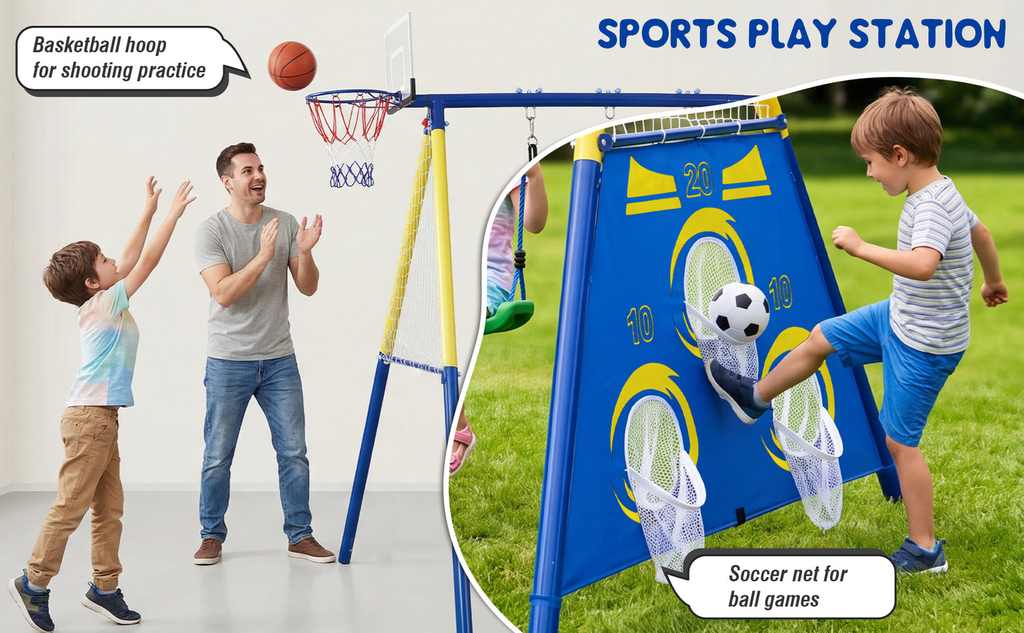 5-in-1 Kids Swing Set with Saucer Swing, Belt Swing, Basketball Hoop & Soccer Goal, Heavy Duty Metal Frame Backyard Playground for Toddlers & Kids Ages 3-10 image 5