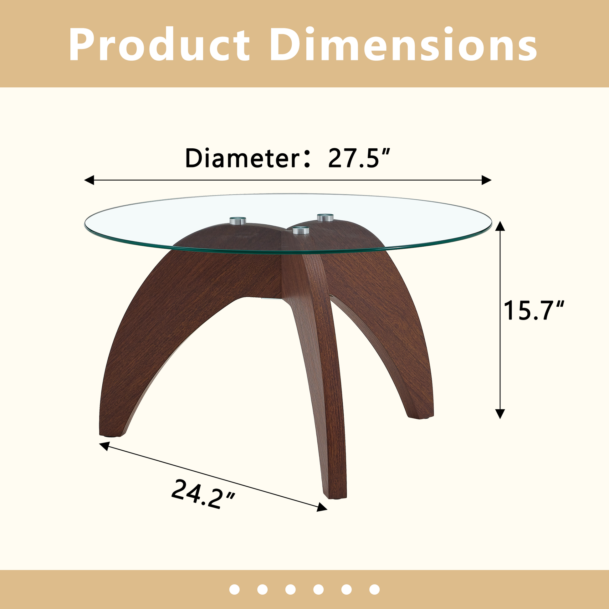 Creative claw-style triangular-leg round coffee table, approximately 27.5 inches in diameter, featuring a clear tempered glass top and walnut-colored MDF. Perfect as a living room coffee table,etc. image 4