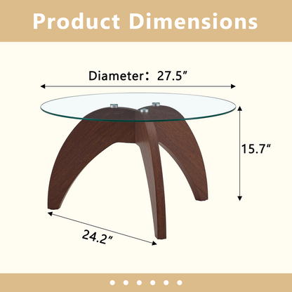Creative claw-style triangular-leg round coffee table, approximately 27.5 inches in diameter, featuring a clear tempered glass top and walnut-colored MDF. Perfect as a living room coffee table,etc. image 4