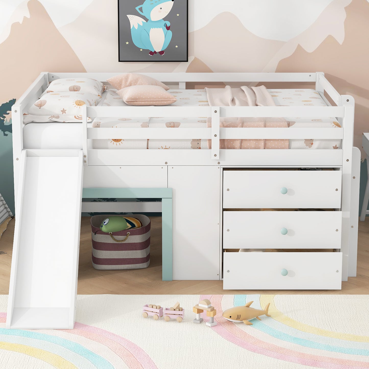 Full Size Low Loft Bed with Slide,Three Storage Drawers and Two Doors,White image 3