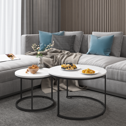 27.6" Nesting Coffee Table Set of 2, Round Coffee Table Wood Marble Pattern Top with Sturdy Metal Frame, End Table Side Tables for Living Room Bedroom Balcony Yard (White) image 12