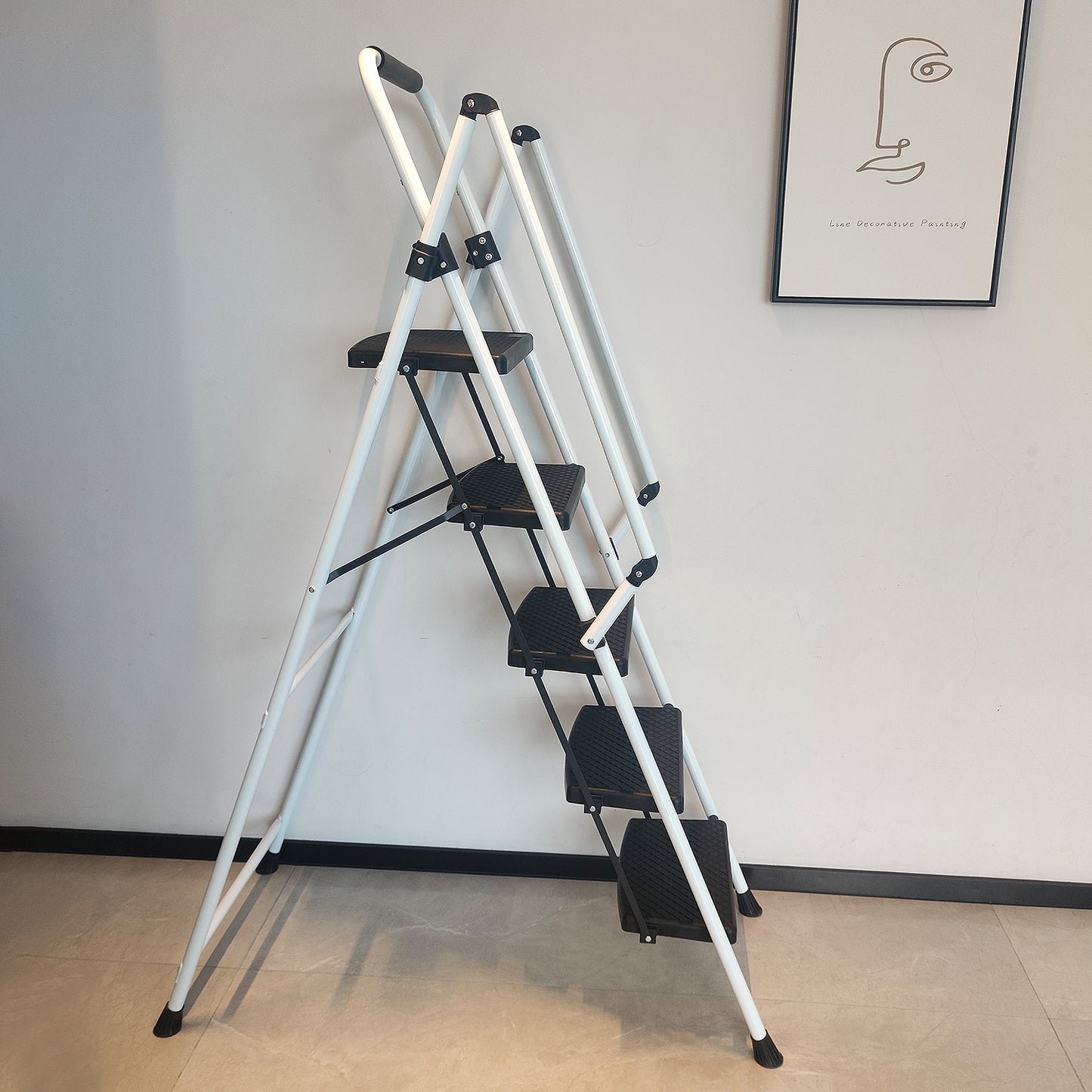 ladder, folding ladder stool, with anti slip wide pedals, steel ladder, with safety anti slip handle, lightweight 330 pound portable steel ladder stool in White 5 steps image 3