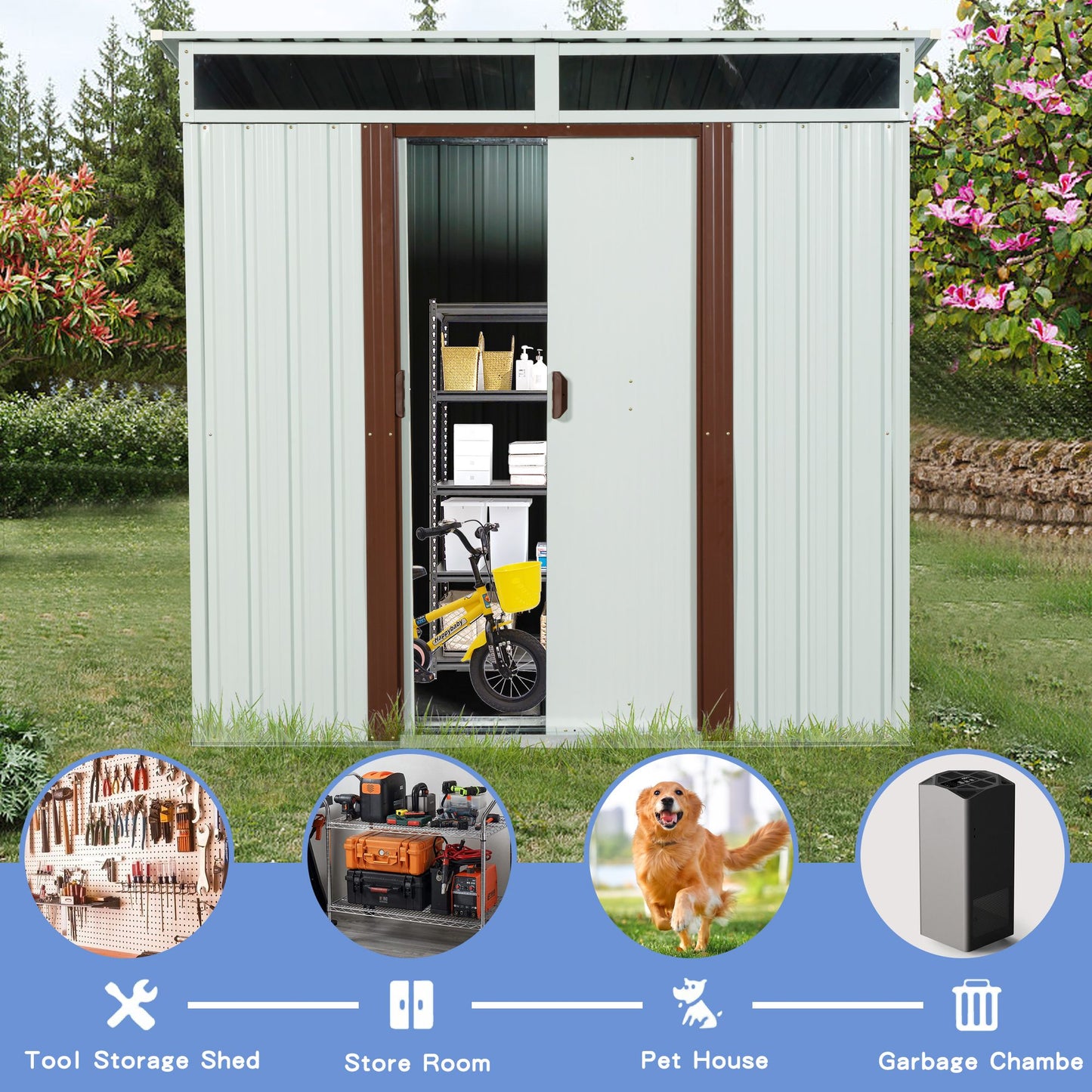 6ft x 5ft Outdoor Metal Storage Shed With window and Metal foundation White image 9
