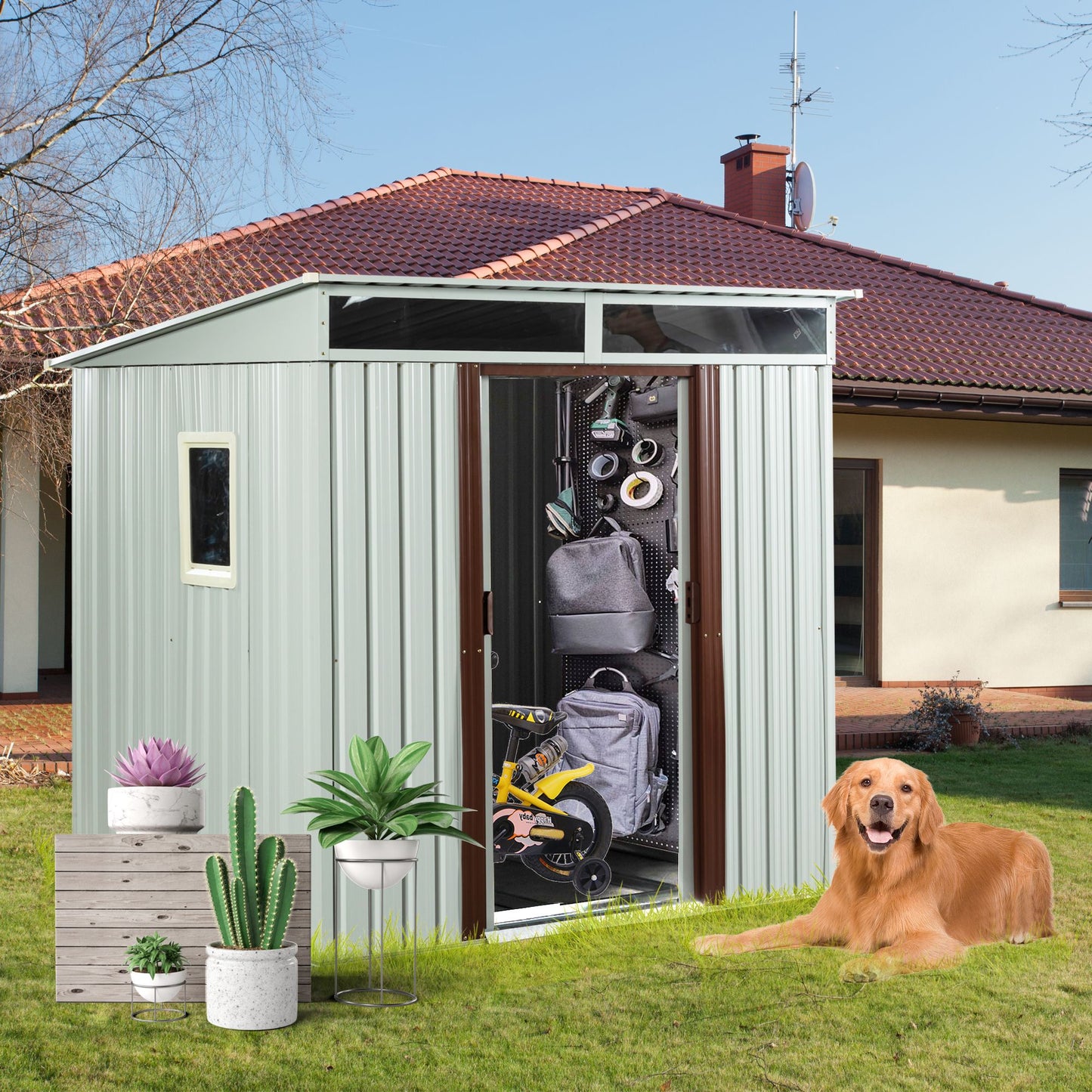 6ft x 5ft Outdoor Metal Storage Shed With window and Metal foundation White image 1