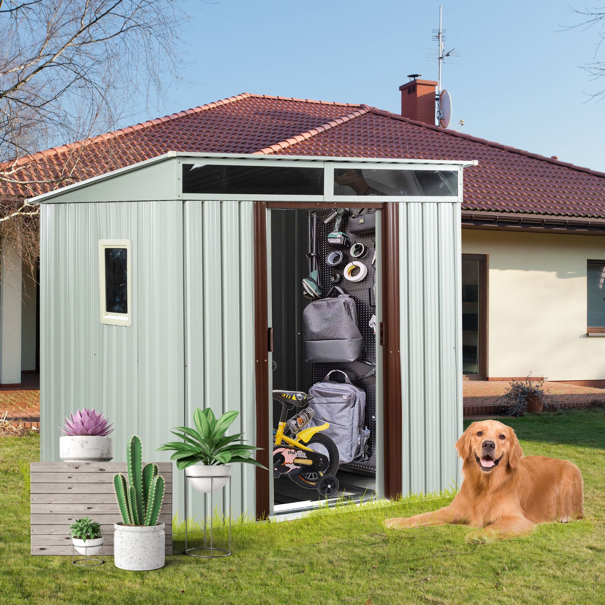6ft x 5ft Outdoor Metal Storage Shed With window and Metal foundation White image 1