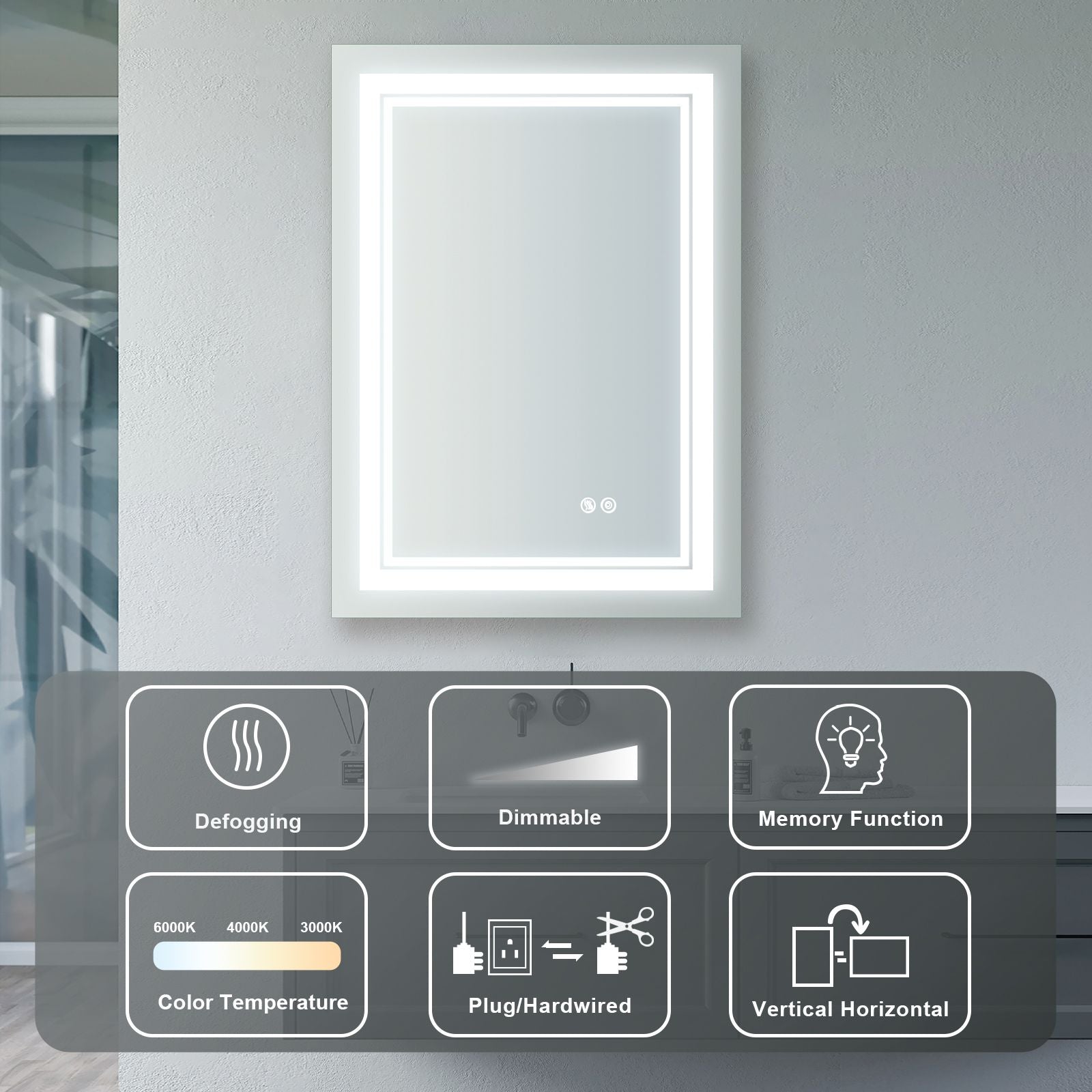 7 Size LED Bathroom Mirror Wall Mounted Vanity Mirror Anti-Fog Mirror Dimmable Lights with Touch Switch(Horizontal/Verti image 5