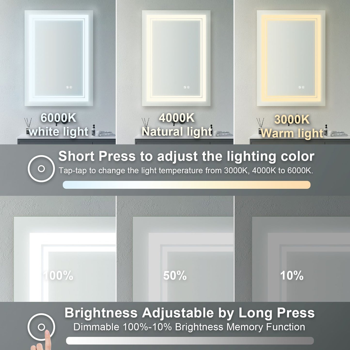 7 Size LED Bathroom Mirror Wall Mounted Vanity Mirror Anti-Fog Mirror Dimmable Lights with Touch Switch(Horizontal/Verti image 4