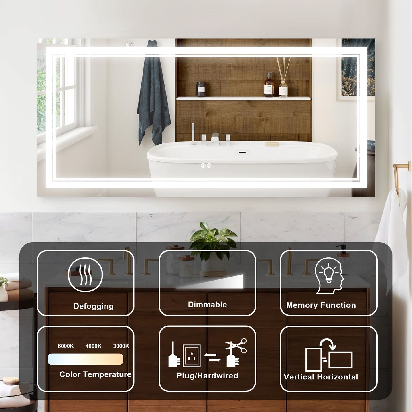 7 Size LED Bathroom Mirror Wall Mounted Vanity Mirror Anti-Fog Mirror Dimmable Lights with Touch Switch(Horizontal/Verti image 13