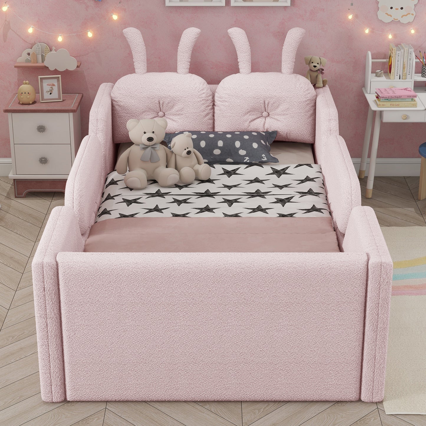 Twin Size Upholstered Platform Bed with Rabbit Cushion, Kids Floor Upholstered Bed with Removable Side Rails, Pink(Old SKUW2593P395807 Expect Arrival Date 2026/7/14) image 3