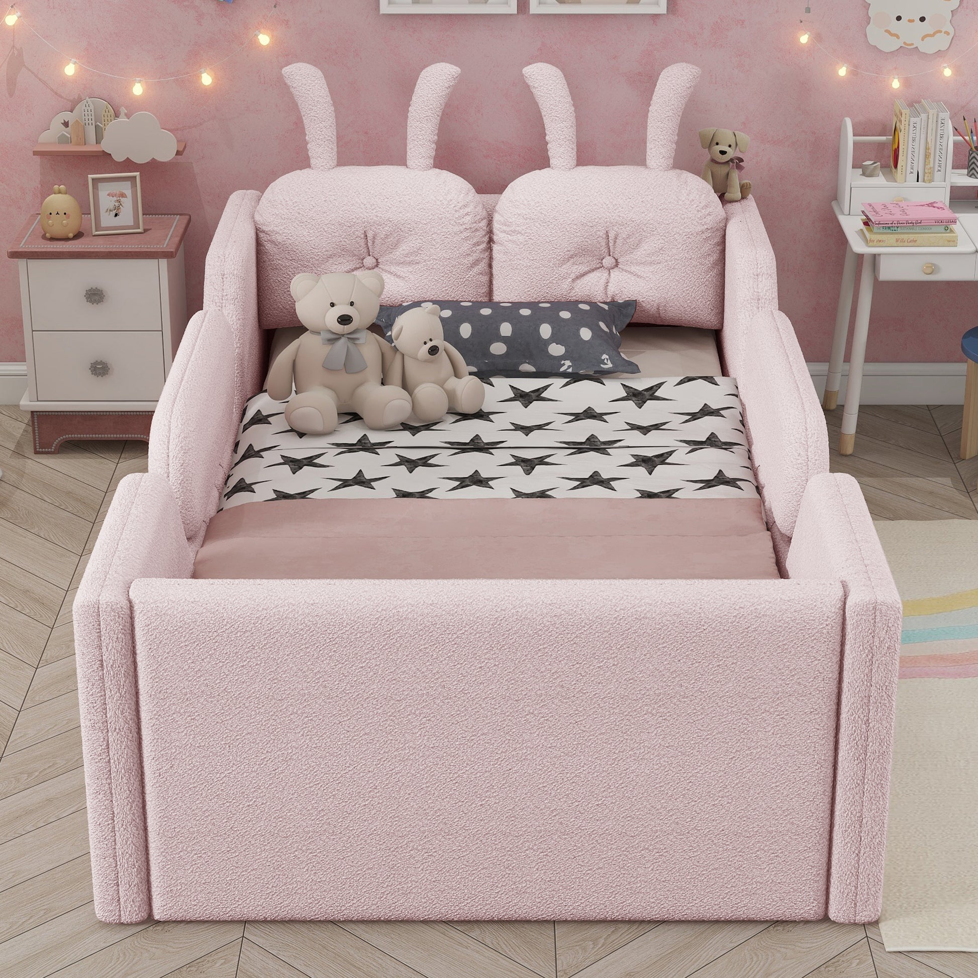 Twin Size Upholstered Platform Bed with Rabbit Cushion, Kids Floor Upholstered Bed with Removable Side Rails, Pink(Old SKUW2593P395807 Expect Arrival Date 2026/7/14) image 3