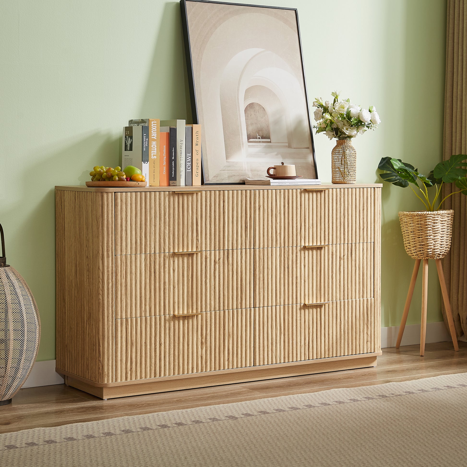 6 Drawers Dresser,55" Wide Modern Chest of Drawers Curved wave Design, Dresser TV Stand, Wood Drawer Organizer for Bedroom, Living Room, Hallway, Walnut,55.12''W x 15.75''D x 31.5''H. image 3
