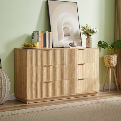 6 Drawers Dresser,55" Wide Modern Chest of Drawers Curved wave Design, Dresser TV Stand, Wood Drawer Organizer for Bedroom, Living Room, Hallway, Walnut,55.12''W x 15.75''D x 31.5''H. image 3