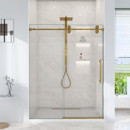 56"-60"W*72" H Frameless Single Sliding Shower Door – 5/16" (8mm) Clear Tempered Glass, Bypass Design with Brushed Gold Finish image 1