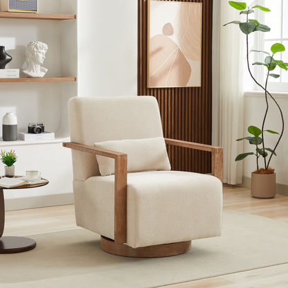 29.72"W Swivel Modern Upholstered Accent Chair with Solid Wood Armrests and 360 Degree Comfy Lounge Reading Chair, Side Armchair for Hotel, Bedroom, Living Room, Office, and Nursery Room. Beige image 1