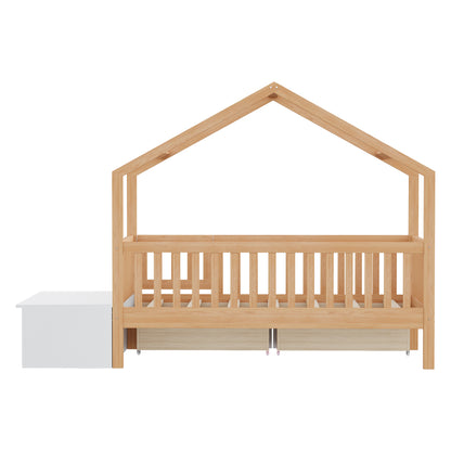 Toddler Bed with Storage Drawers & Lift-Top Chest, Solid Wood Bed with Safety Railings & Gate, Playhouse Bed Frame for Kids, Compatible with standard US toddler mattresses, Natural Wood & White image 8