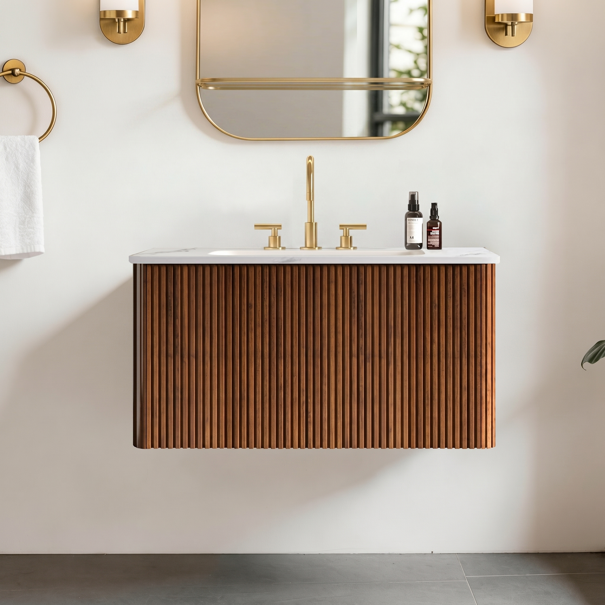 Etna 30" Striped Walnut Bathroom Vanity with Carrara White Ceramic Sink, Wall Mounted Floating Bathroom Vanity for Modern Bathroom, KD image 1