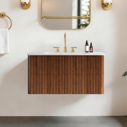 Etna 30" Striped Walnut Bathroom Vanity with Carrara White Ceramic Sink, Wall Mounted Floating Bathroom Vanity for Modern Bathroom, KD image 1
