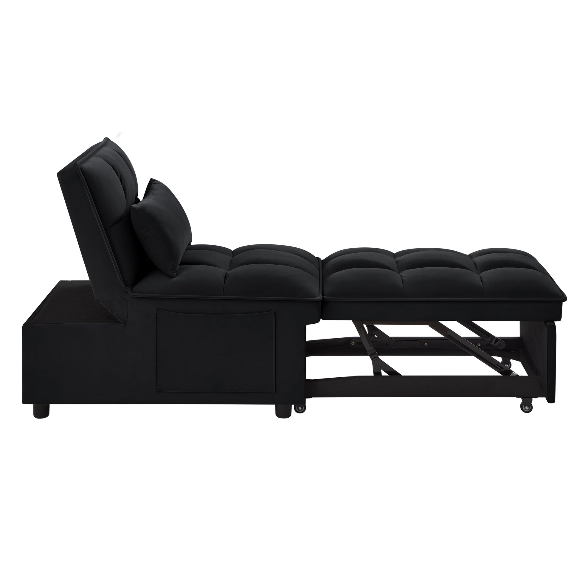 4 in1 Multi-Function Single Sofa Bed with Storage Pockets,Tufted Single Pull-out Sofa Bed with Adjustable Backrest and Pillows,Convertible Chaise Lounge,Black image 9