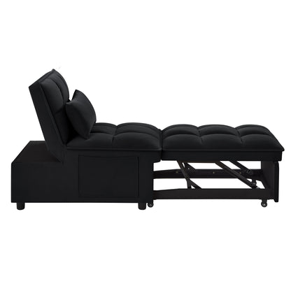 4 in1 Multi-Function Single Sofa Bed with Storage Pockets,Tufted Single Pull-out Sofa Bed with Adjustable Backrest and Pillows,Convertible Chaise Lounge,Black image 9