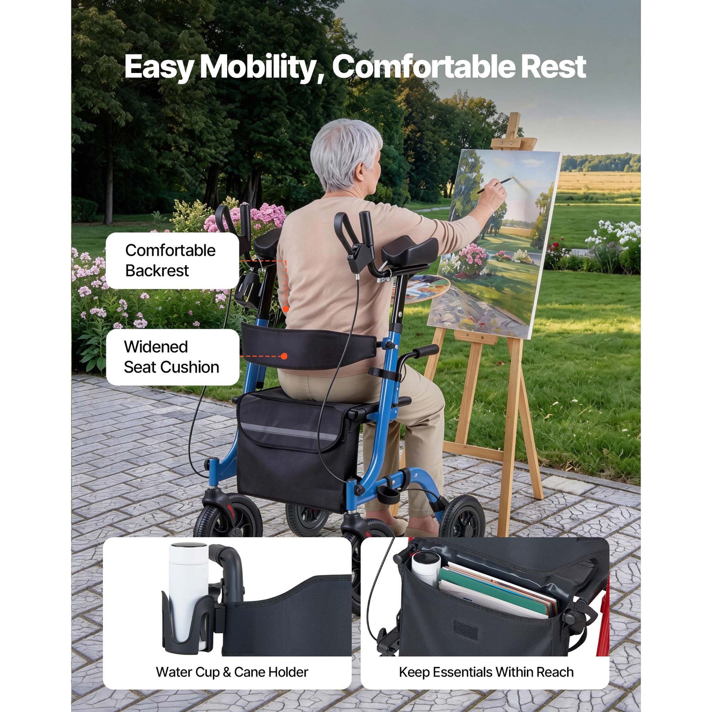 Rollator Walker with Seat for Seniors, Foldable Rolling Walker, Lightweight Aluminum Mobility Walking Aid with PU Solid Wheels, Adjustable Handle, Storage Bag, Cup/Cane Holder - Supports 300LBS image 3