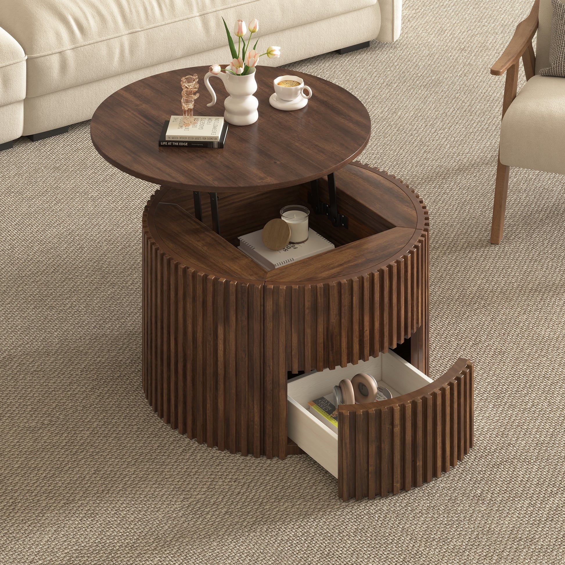 VIBE HAUS Round Lift Top Coffee Table, Modern Fluted Wood Accent Coffee Table with Hidden Storage for Living Room image 1