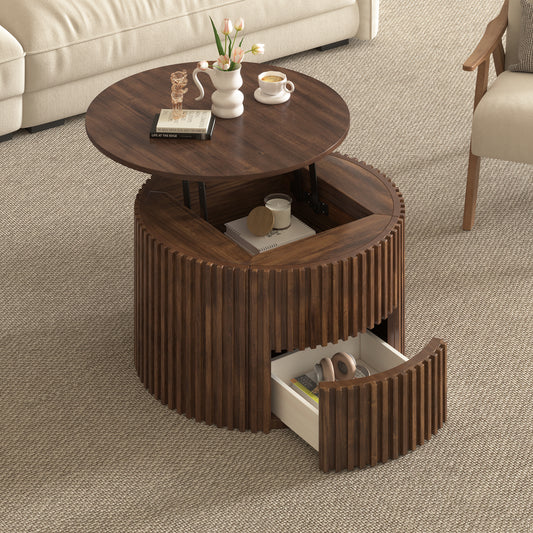 VIBE HAUS Round Lift Top Coffee Table modern fluted wood design front view