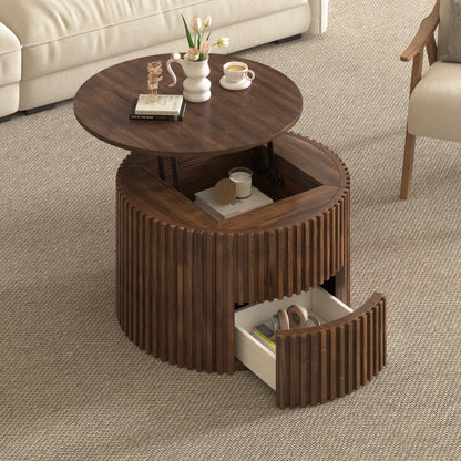 VIBE HAUS Round Lift Top Coffee Table, Modern Fluted Wood Accent Coffee Table with Hidden Storage for Living Room image 1