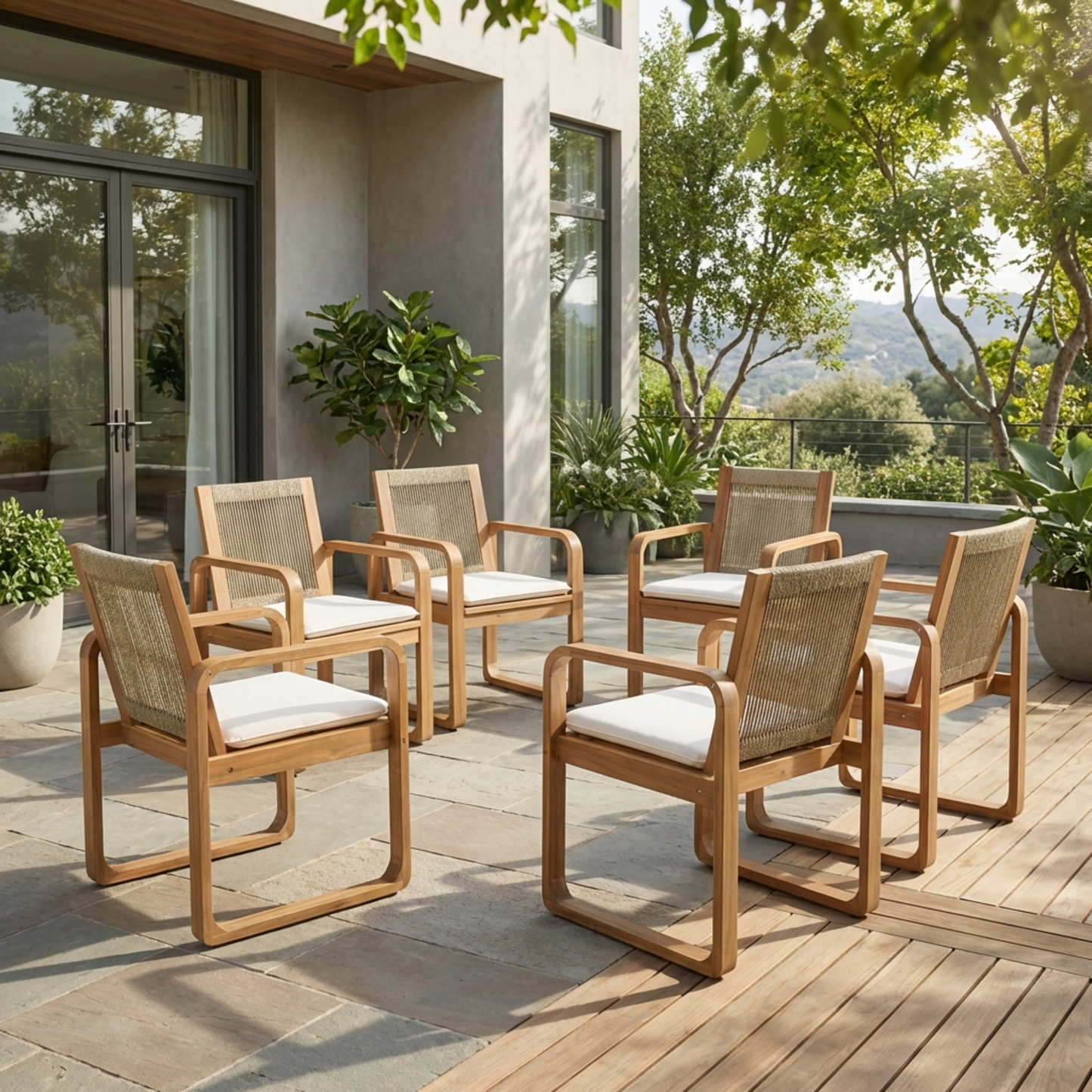 2-Piece Outdoor Dining Chairs Set: Acacia Wood with Multi Brown Rope Back & Beige Cushion, Water Repellent Fabric, 400 lbs Capacity, Light Teak Finish image 8