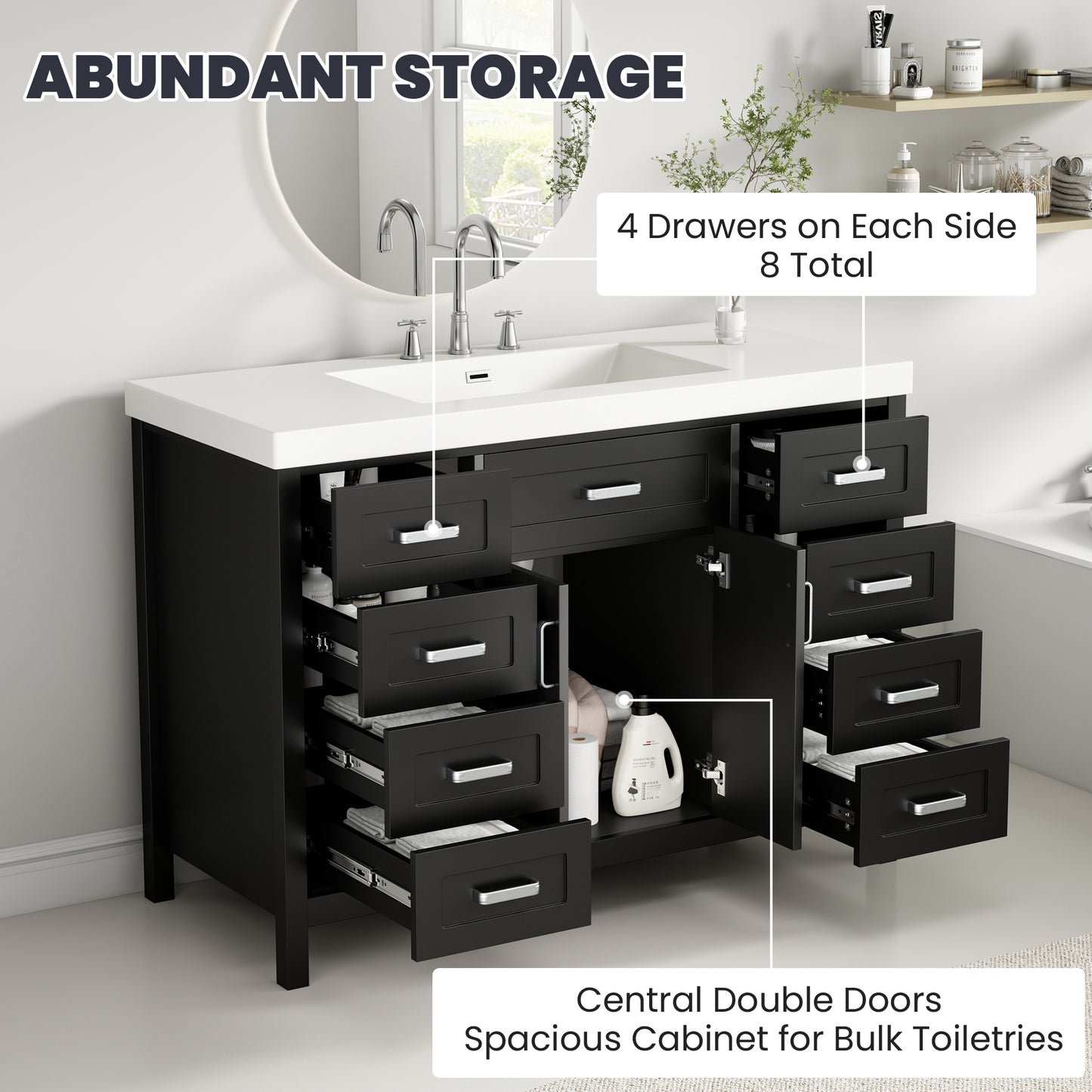 47" Bathroom Vanity without Sink, Cabinet Only, 2 Doors and 8 Drawers, Soft Close System, Classic Design, Black image 5