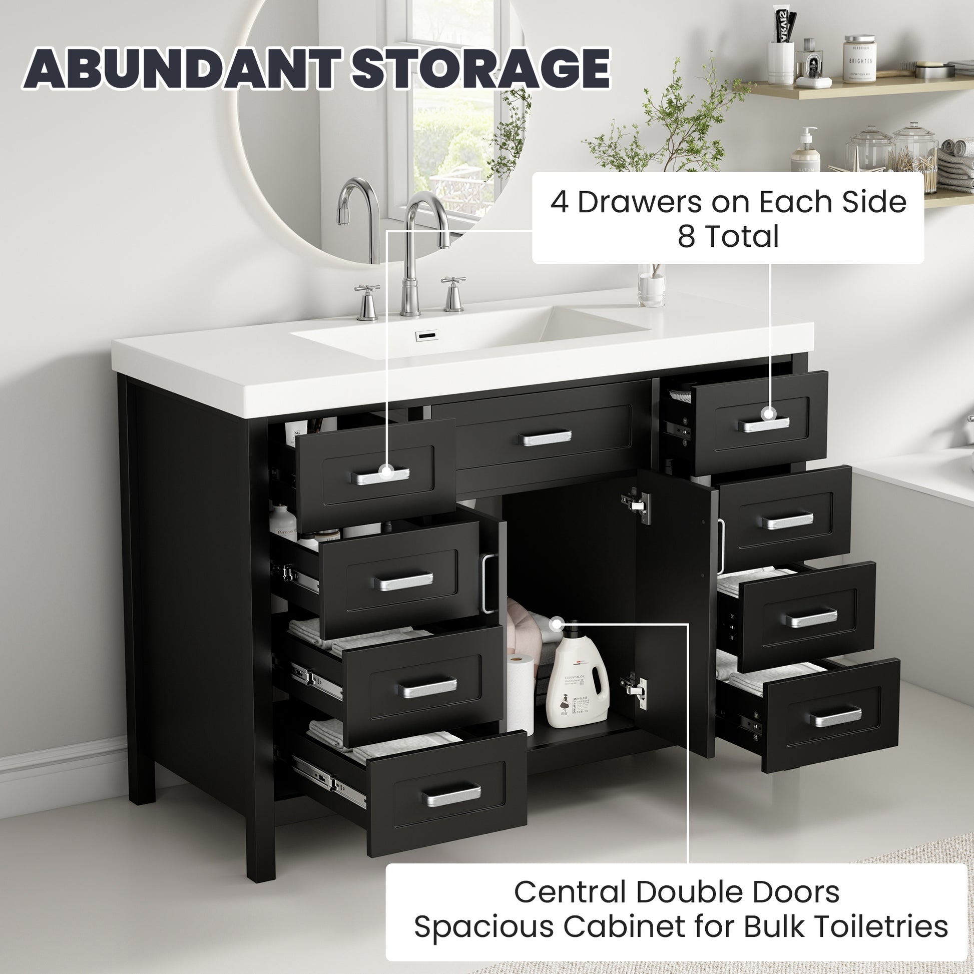 47" Bathroom Vanity without Sink, Cabinet Only, 2 Doors and 8 Drawers, Soft Close System, Classic Design, Black image 5