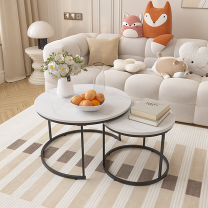 27.6" Nesting Coffee Table Set of 2, Round Coffee Table Wood Marble Pattern Top with Sturdy Metal Frame, End Table Side Tables for Living Room Bedroom Balcony Yard (White) image 1