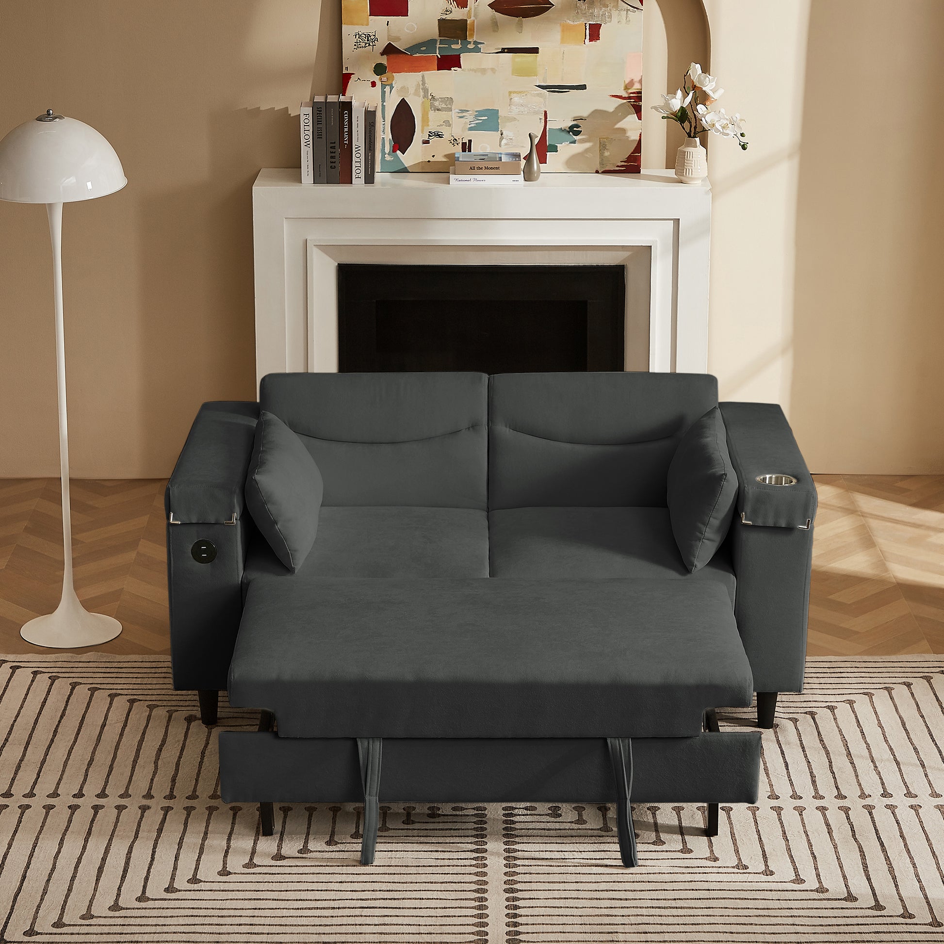 Dark Grey Chenille Sofa with Side Table and USB Port image 4