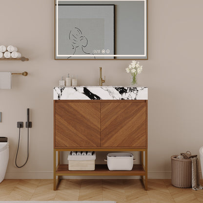 29.9" Modern Free-standing Bathroom Vanity with Ceramic Sink – Brown Oak, Soft-Close image 1