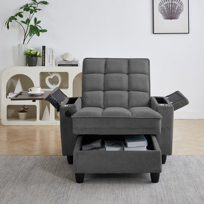 Dark Grey Chaise Lounge Sofa,Sleeper Chair Bed with 6-Position Adjustable Backrest,USB Ports, Cup Holder and Swivel Side Table image 3