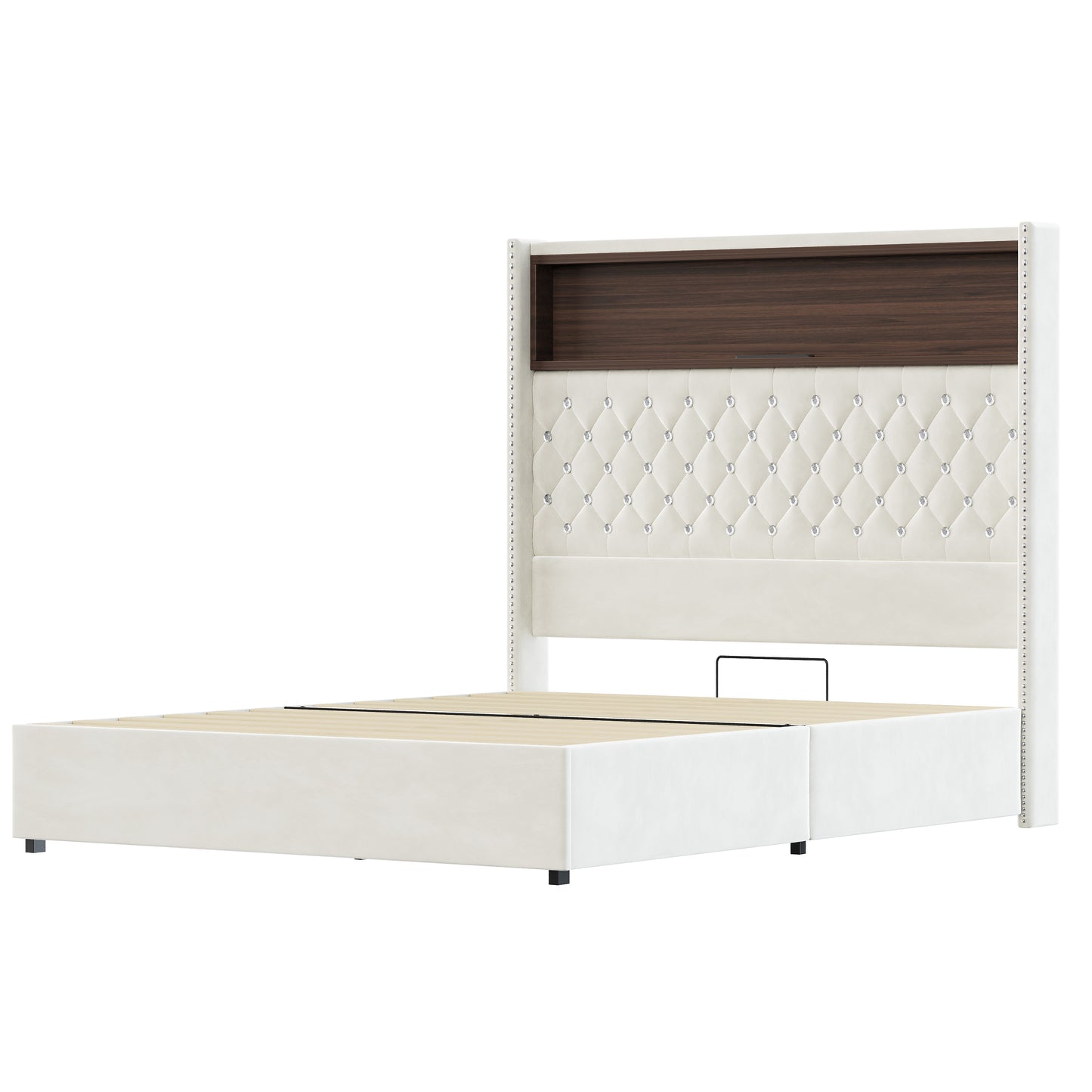 Full Size Velvet Tufted Soft Bed Frame with USB Port and Night Light,52''High Headboard with Rivet Decoration,Wing-back Platform Bed with Headboard Shelf,Beige image 12