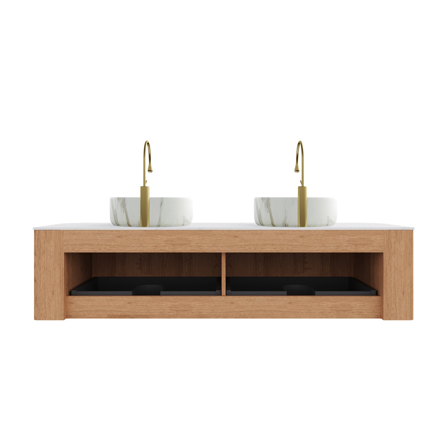 DINA 60" Bathroom Vanity&Sinks, Floating Curved Edges Striped Storage Cabinet with 2 Drawers, 2 Stone White Round Ceramic Basins&Carrara White Sintered Stone Top, Pre-assembled, Natural Woodgrain image 4