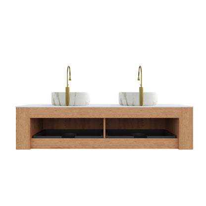 DINA 60" Bathroom Vanity&Sinks, Floating Curved Edges Striped Storage Cabinet with 2 Drawers, 2 Stone White Round Ceramic Basins&Carrara White Sintered Stone Top, Pre-assembled, Natural Woodgrain image 4