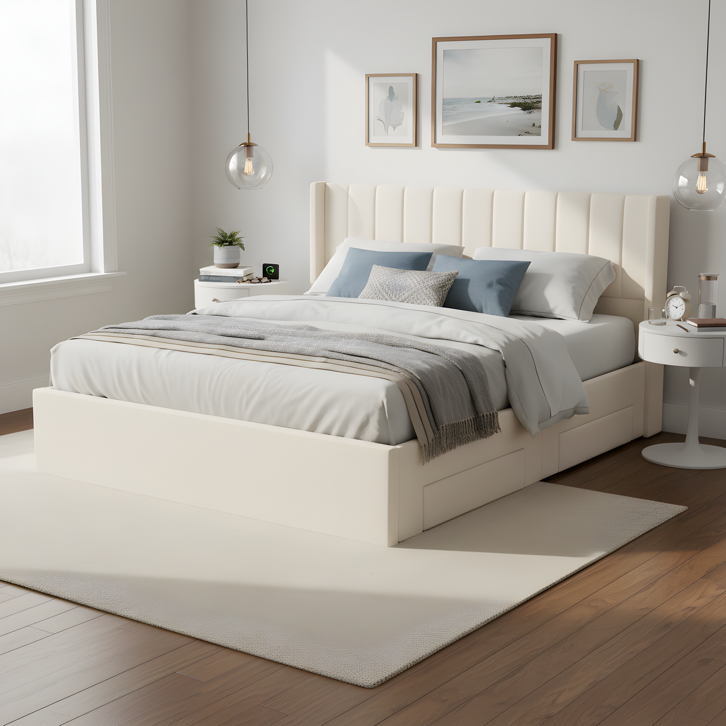 Large-capacity upholstered storage bed with drawers,Beige,King image 6