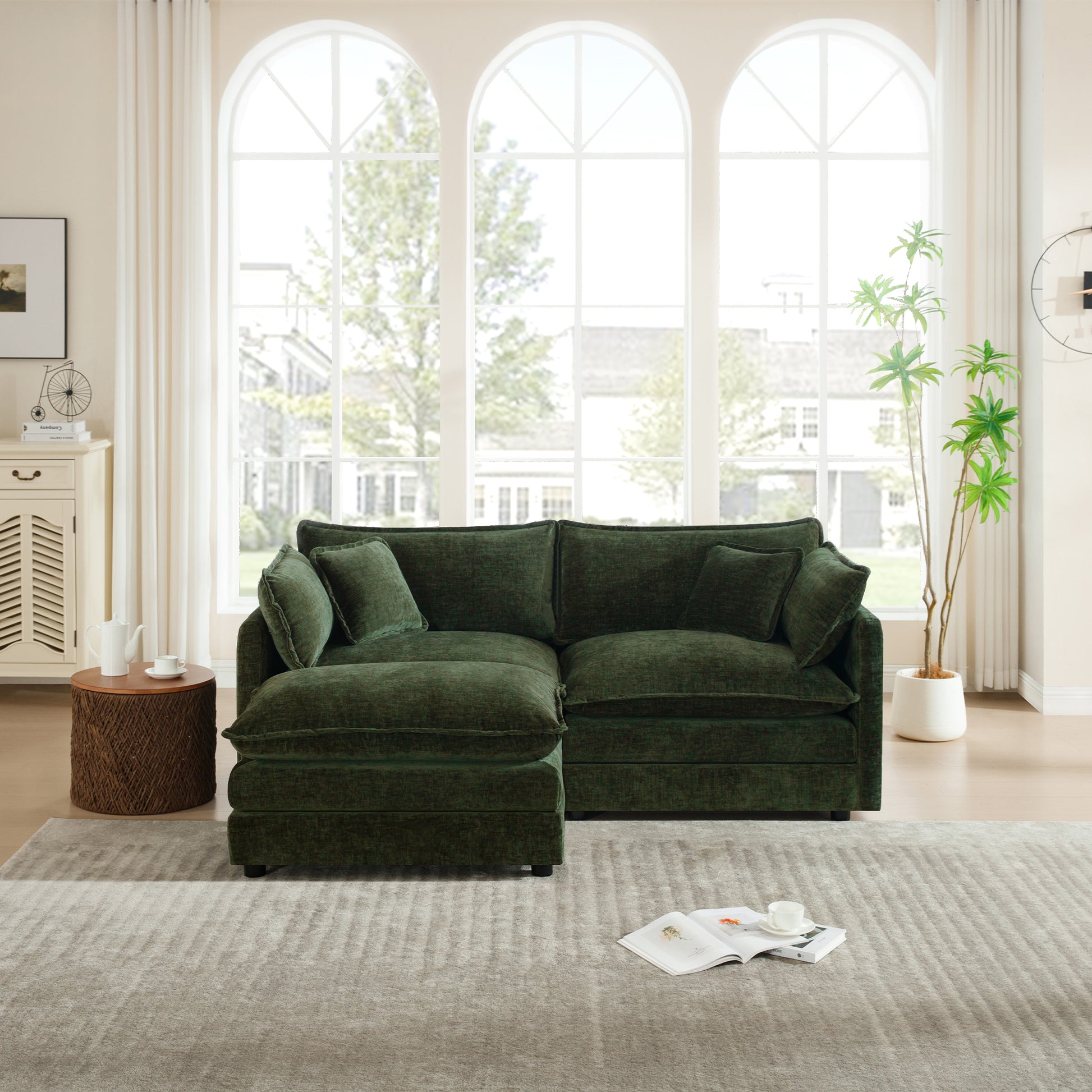 Chenille Two-Seater Sofa with 1 Footrest, 2 Seater L-Shaped Sectional with Ottoman,Loveseat with Ottoman for Small Living Space, Green Chenille image 2