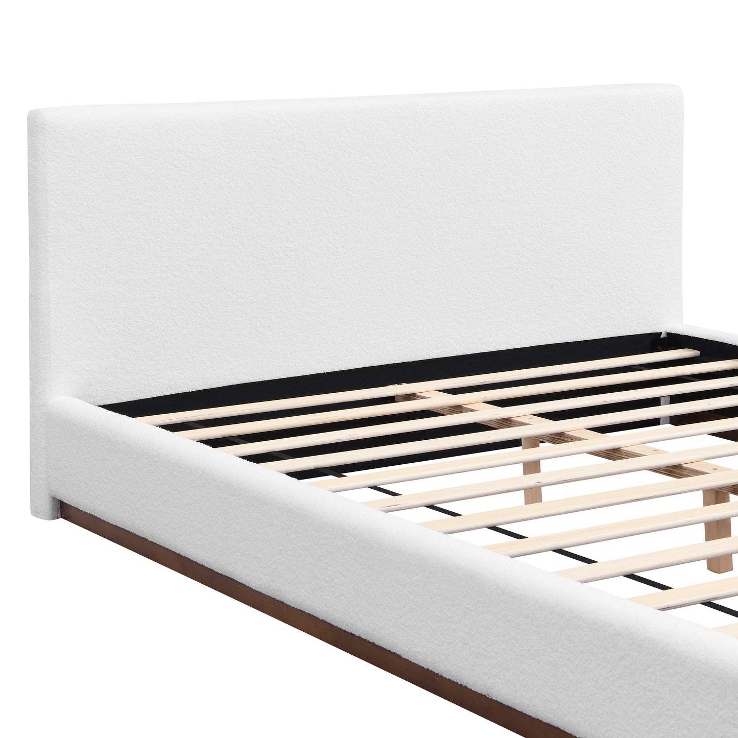Elegant White Fabric Upholstered Bed With Nice Wood Grain Textured Brown Solid Wood Base Frame,White,Queen image 7