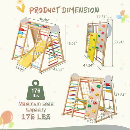 9-in-1 Foldable Kids Climbing Frame & Slide, Wooden Toddler Playground with Swing, Monkey Bars, Climbing Rock, Abacus Game – Indoor Outdoor Playset for Ages 3+, Natural Wood, 176LBS Capacity image 2