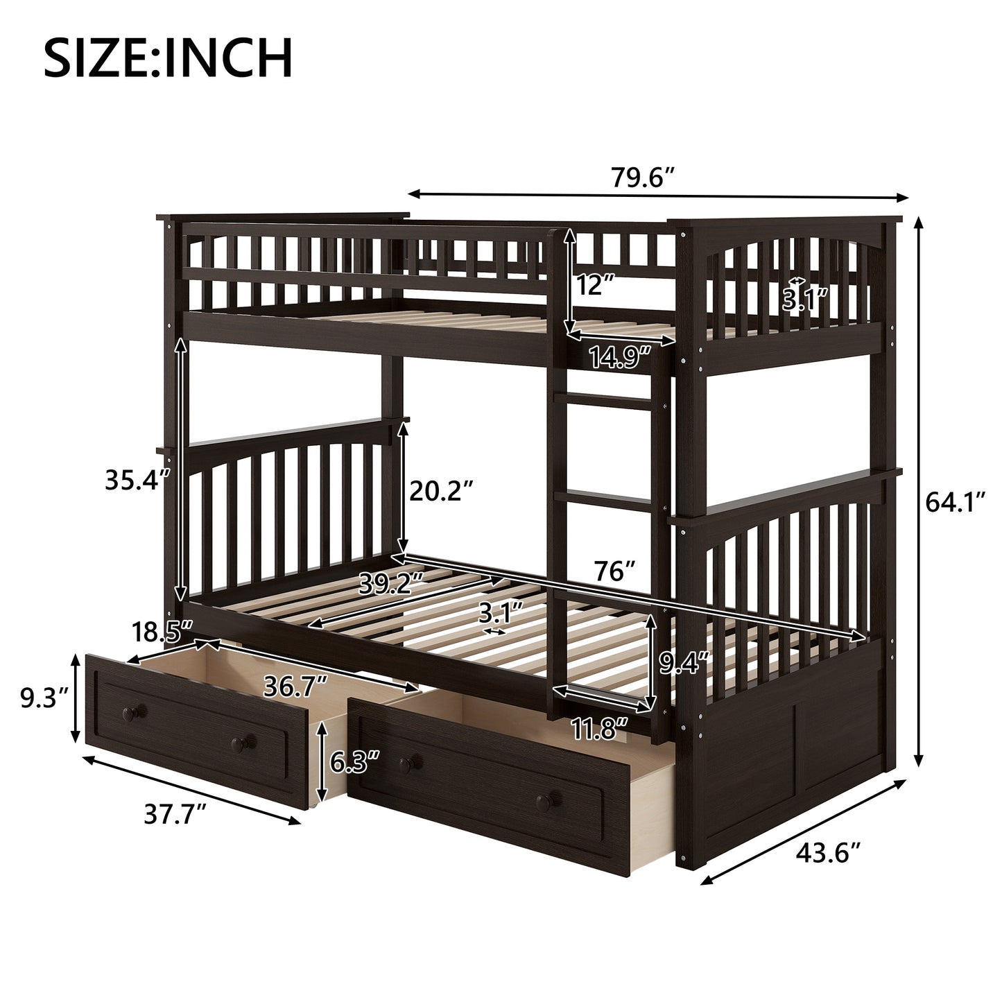 Twin over Twin Bunk Bed with Drawers, Convertible Beds, Espresso image 8