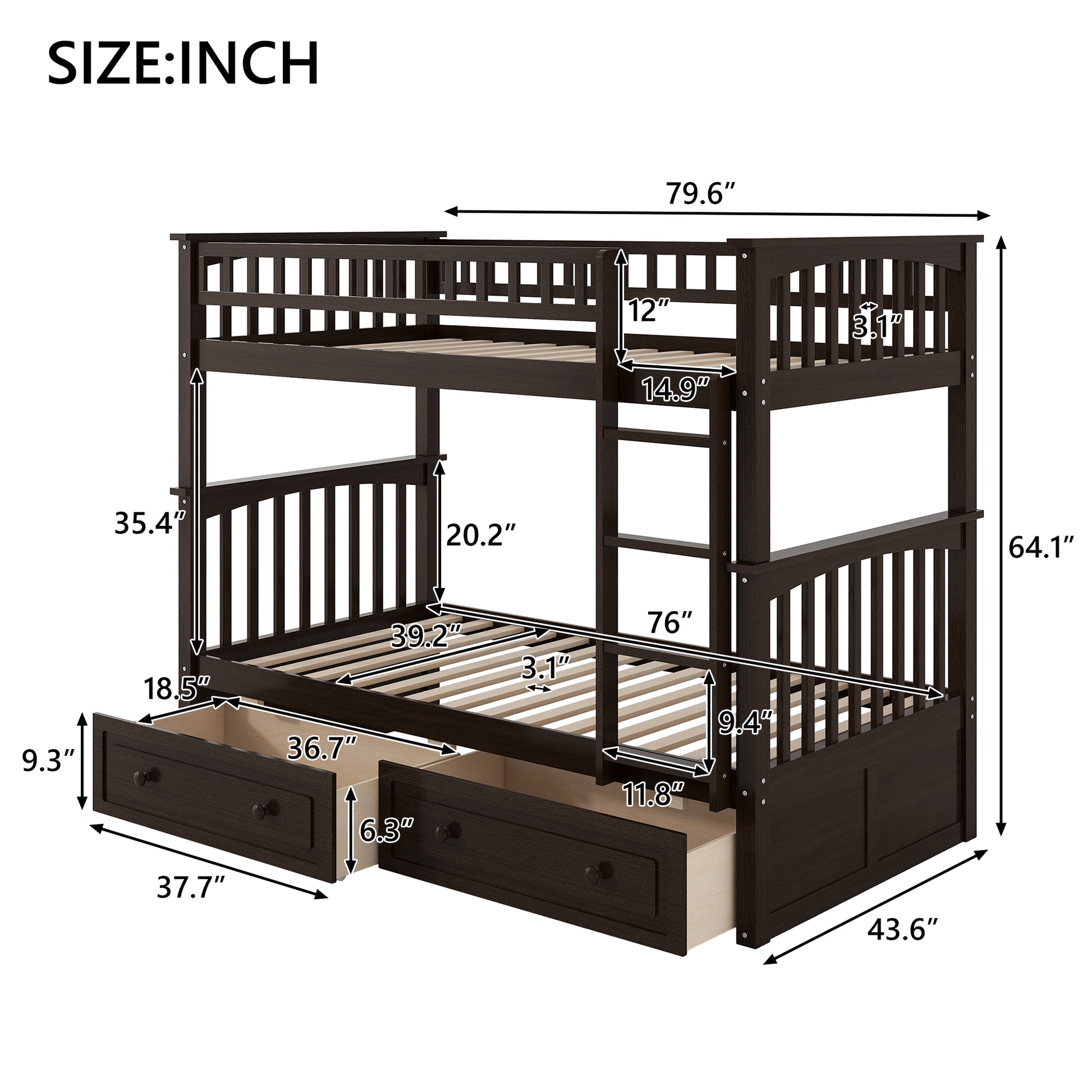 Twin over Twin Bunk Bed with Drawers, Convertible Beds, Espresso image 8