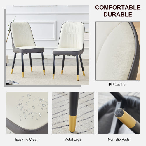 A modern dining chair with a white dark gray dual tone PU leather backrest and black metal legs, suitable for kitchens, bedrooms, and offices. A set of 2 pieces (white+dark gray+PU)C-007 image 5