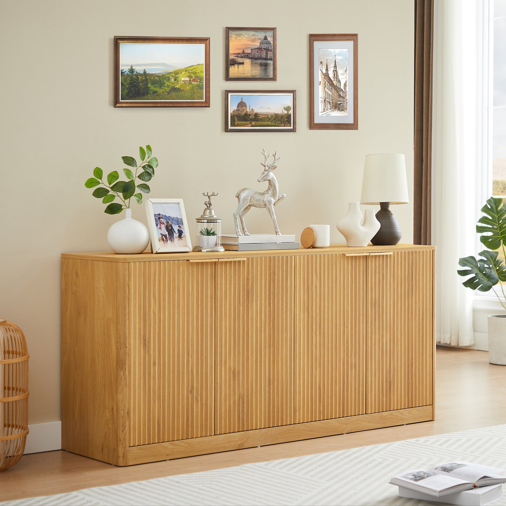 59-inch modern wavy sideboard, curved contour design storage cabinet, 4-door cabinet with storage function, suitable for kitchen/bedroom/living room, Natural, 59.0"L x 15.7"W x 27.7"H image 4